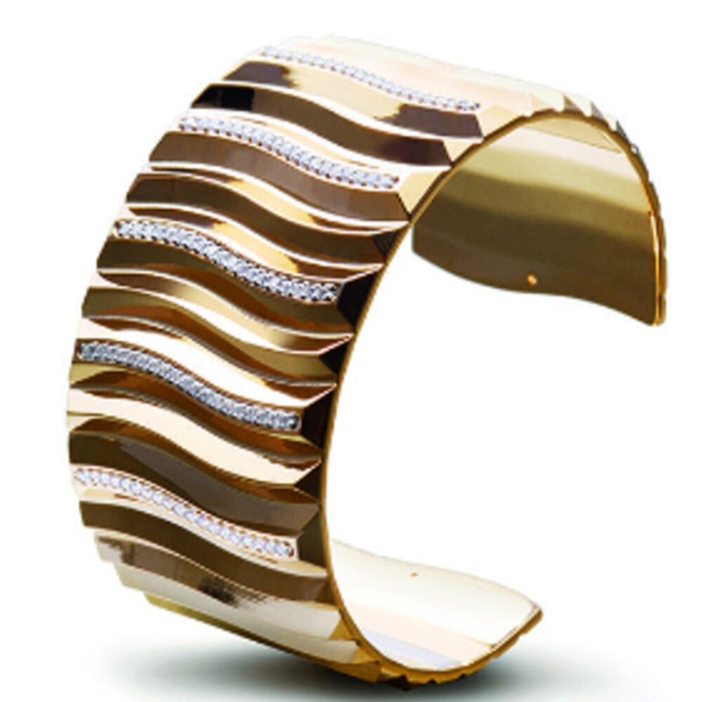 Rebecca Gold Tone 3D Rhinestone Trim Bangle Cuff Bracelet Made in Italy